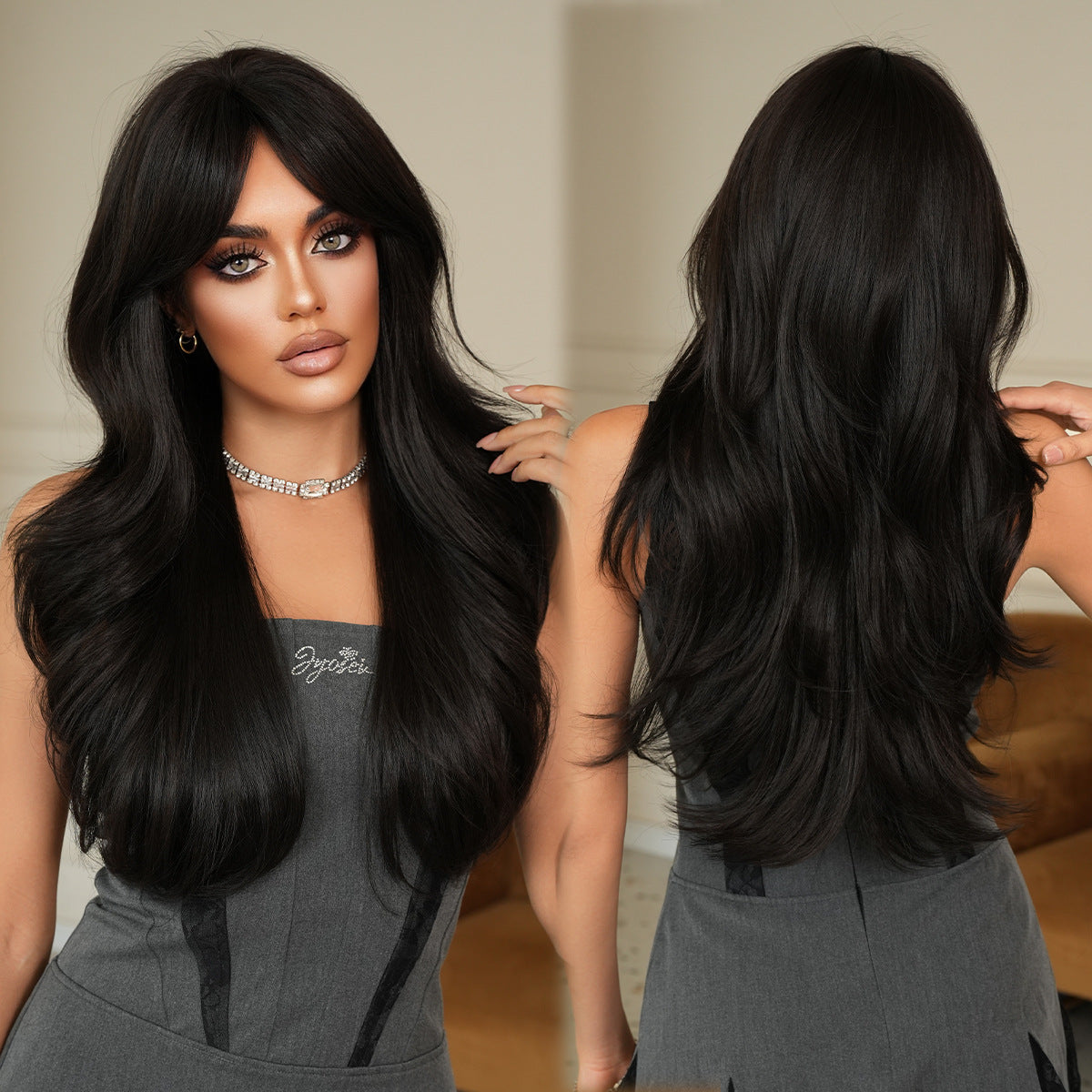 Quality Female Mid-point Wave Black Curly Hair Wig Long Curls