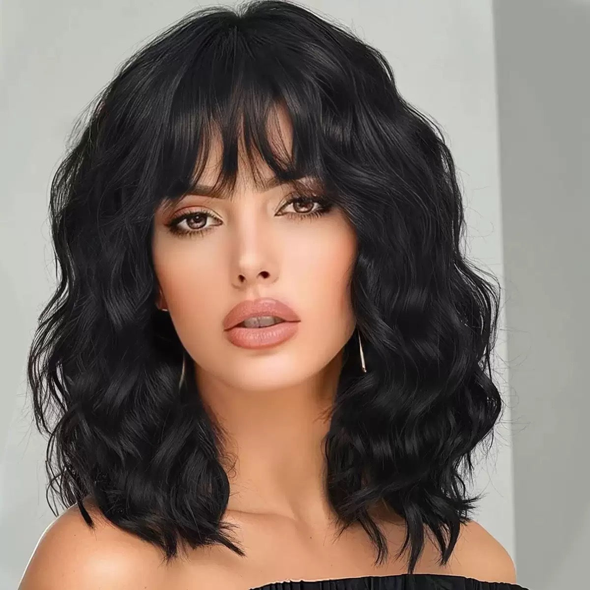 Women's Mid-length Straight Bangs Water Ripple Fashion Wig Short Curly Hair