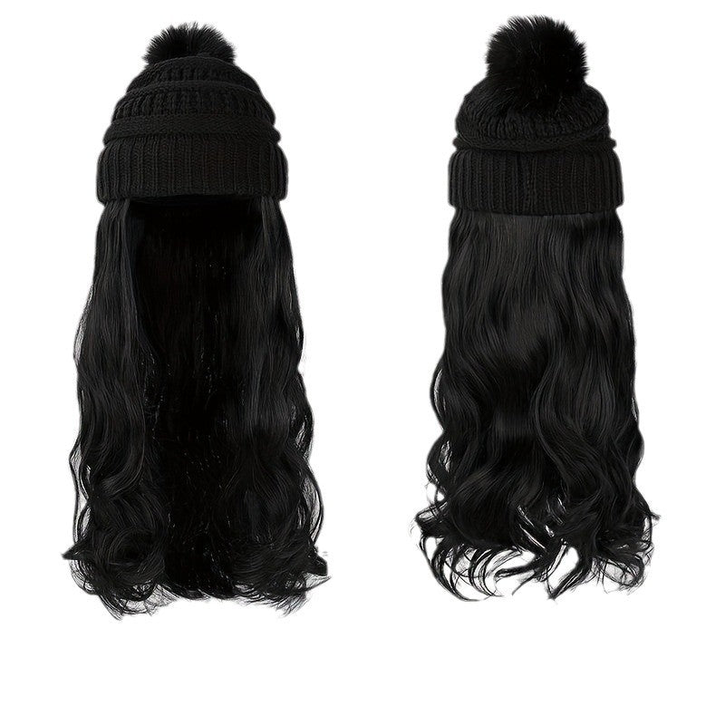 Women's Winter Knitted Hat Integrated Daily Wear Wig Long Curls