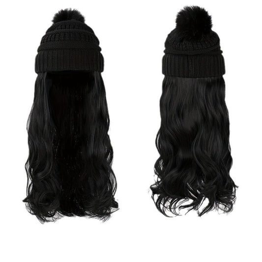 Women's Winter Knitted Hat Integrated Daily Wear Wig Long Curls