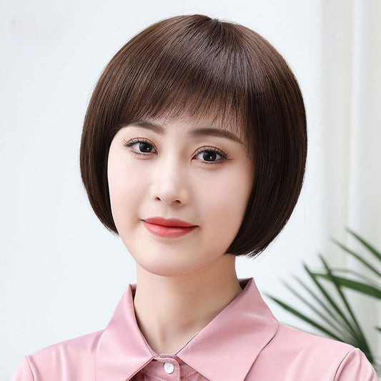 Women's Real To Give Mom Natural Human Covering Wig Short Straight Hair