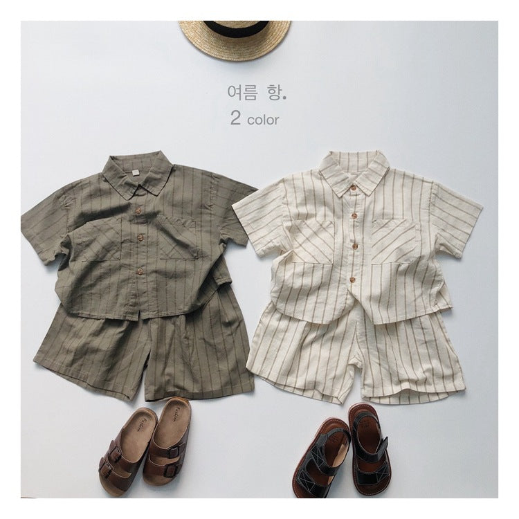 Children's Ramie Striped Short-sleeved Summer Boys Casual Children's Shirt