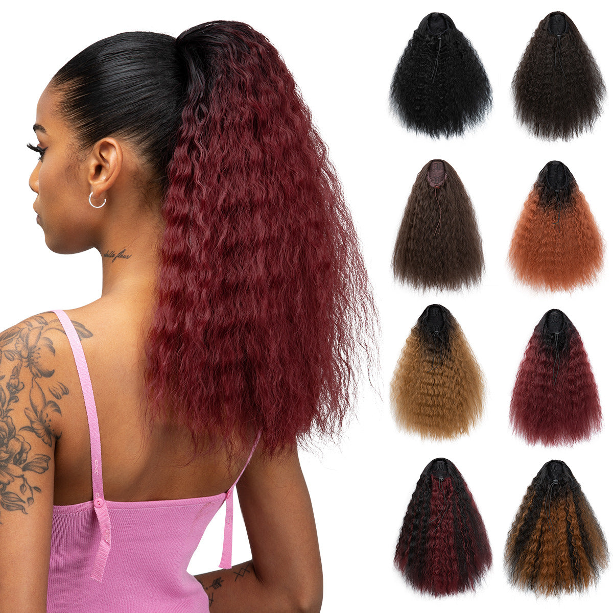 Corn Stigma Chemical Fiber Long Straight Hair Black Wig Ponytail