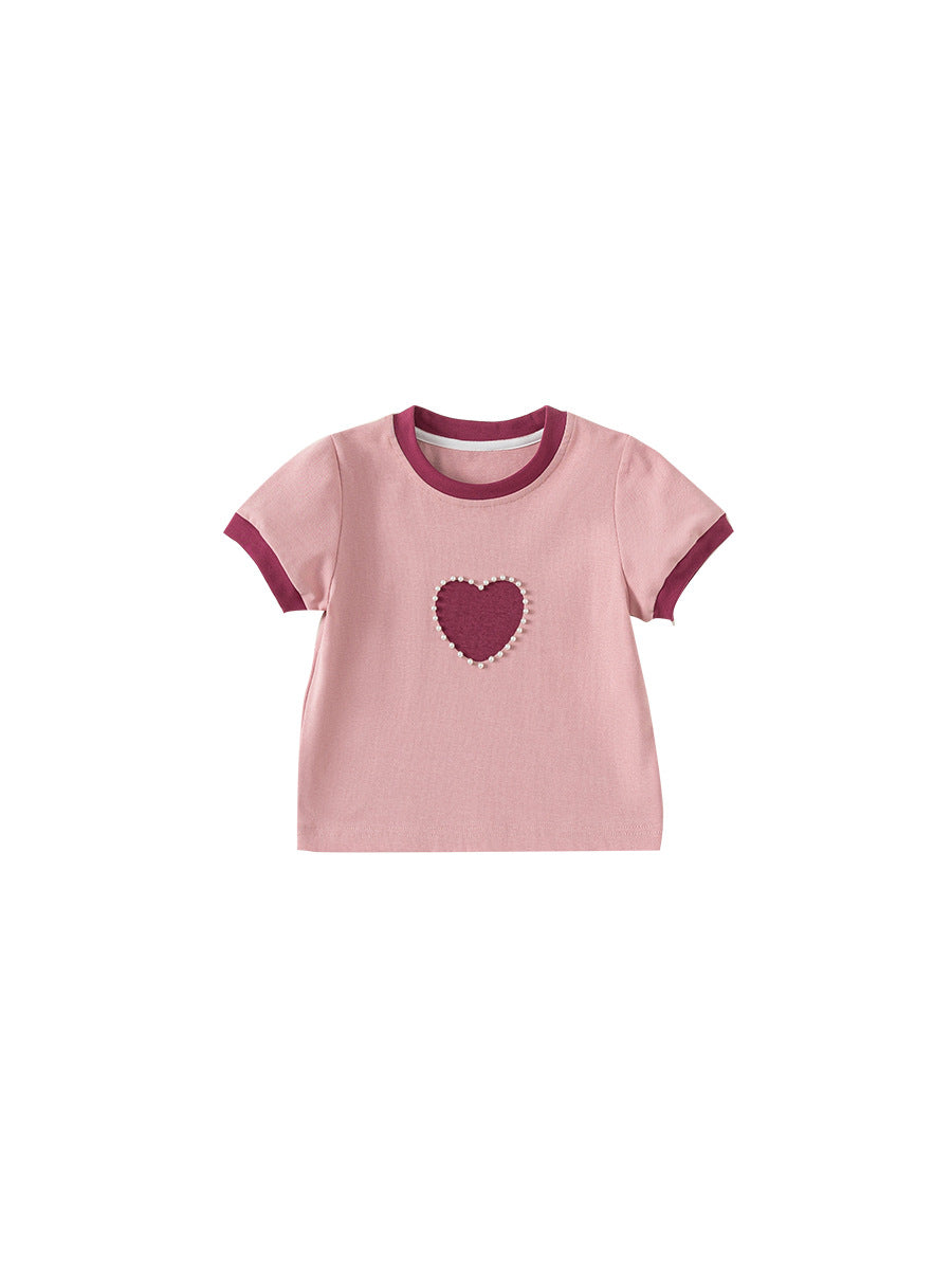 Children's Clothing Sweet Loving Heart Beaded Short-sleeved Children's T-shirt