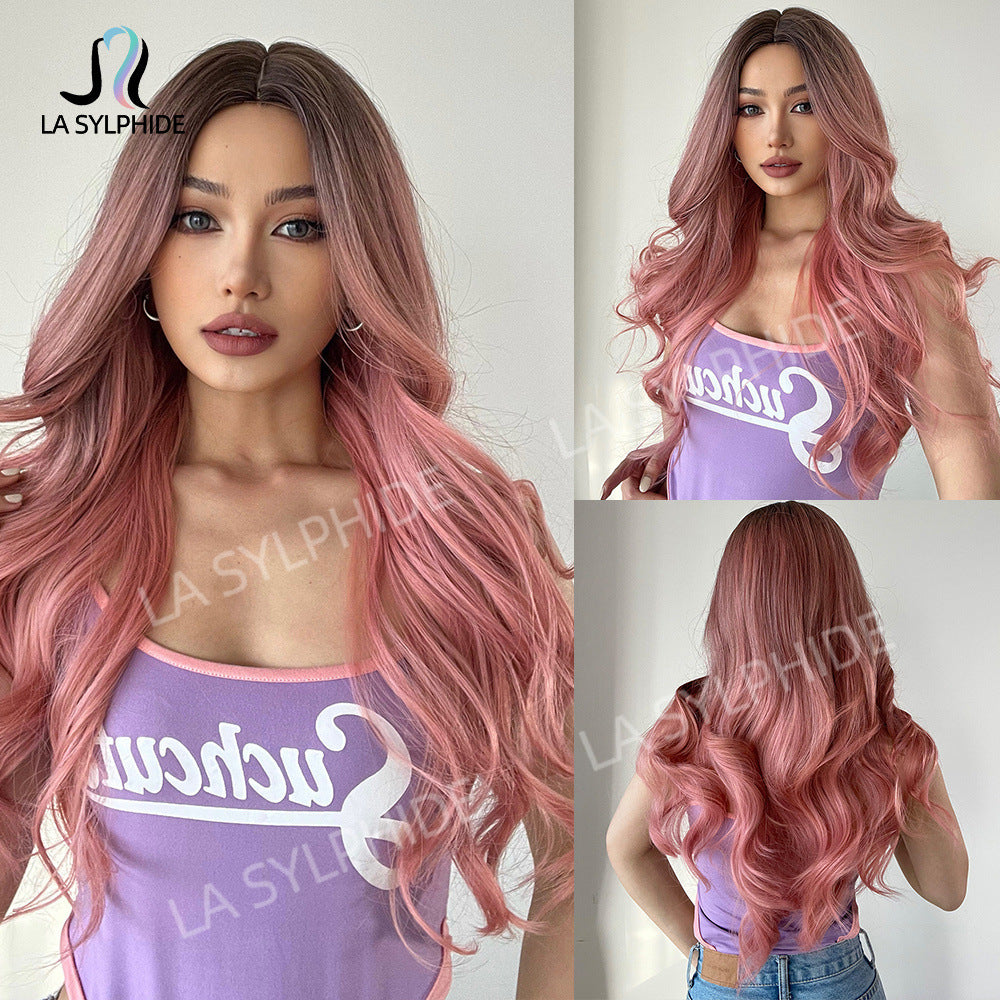Women's Chemical Fiber Medium Curly Hair Pink Wig Long Curls