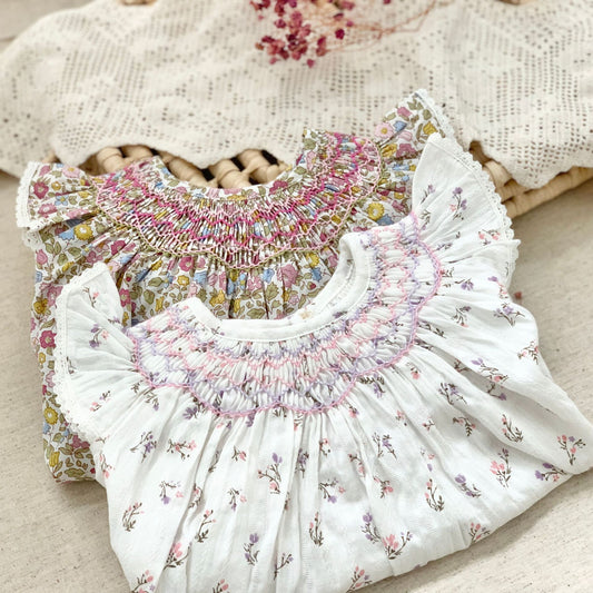Printed Flounced Sleeve Handmade Smocking Skirt Children's Dress