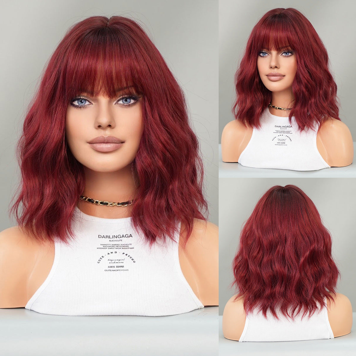 Gradient Blue Female Straight Bangs Water Ripple Head Chemical Wig Short Curly Hair