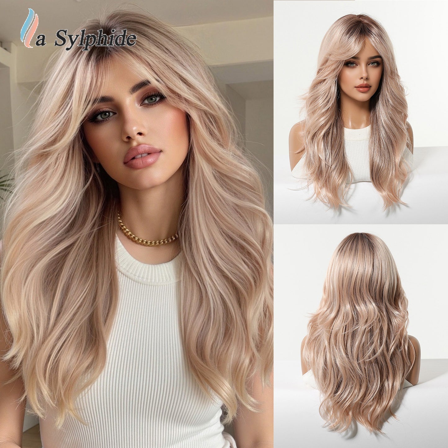Live Broadcast Brown Golden Gradient Rose Net Mechanism Bangs Fashion Wig Long Curls