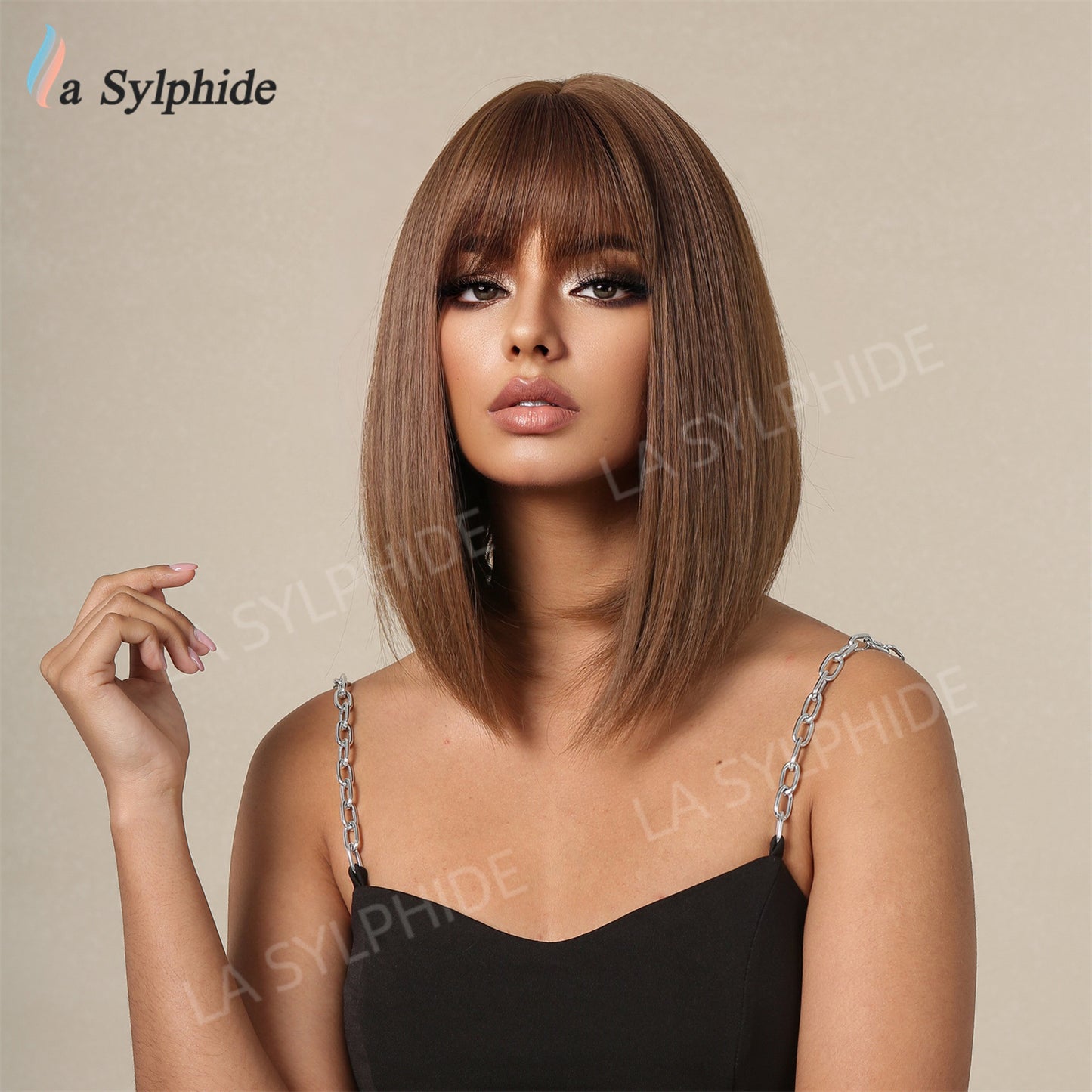 Brown Gradient Bangs Mid-length Mechanism Rose Wig Short Straight Hair