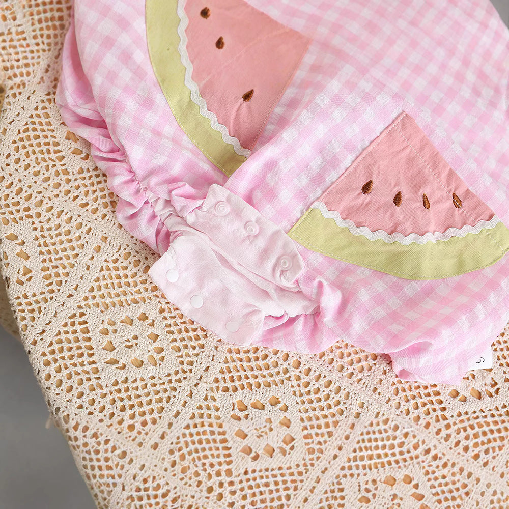 Cute Sweet Watermelon Sleeveless White Pink Plaid Triangle Going Jumpsuit, Climbing Suit