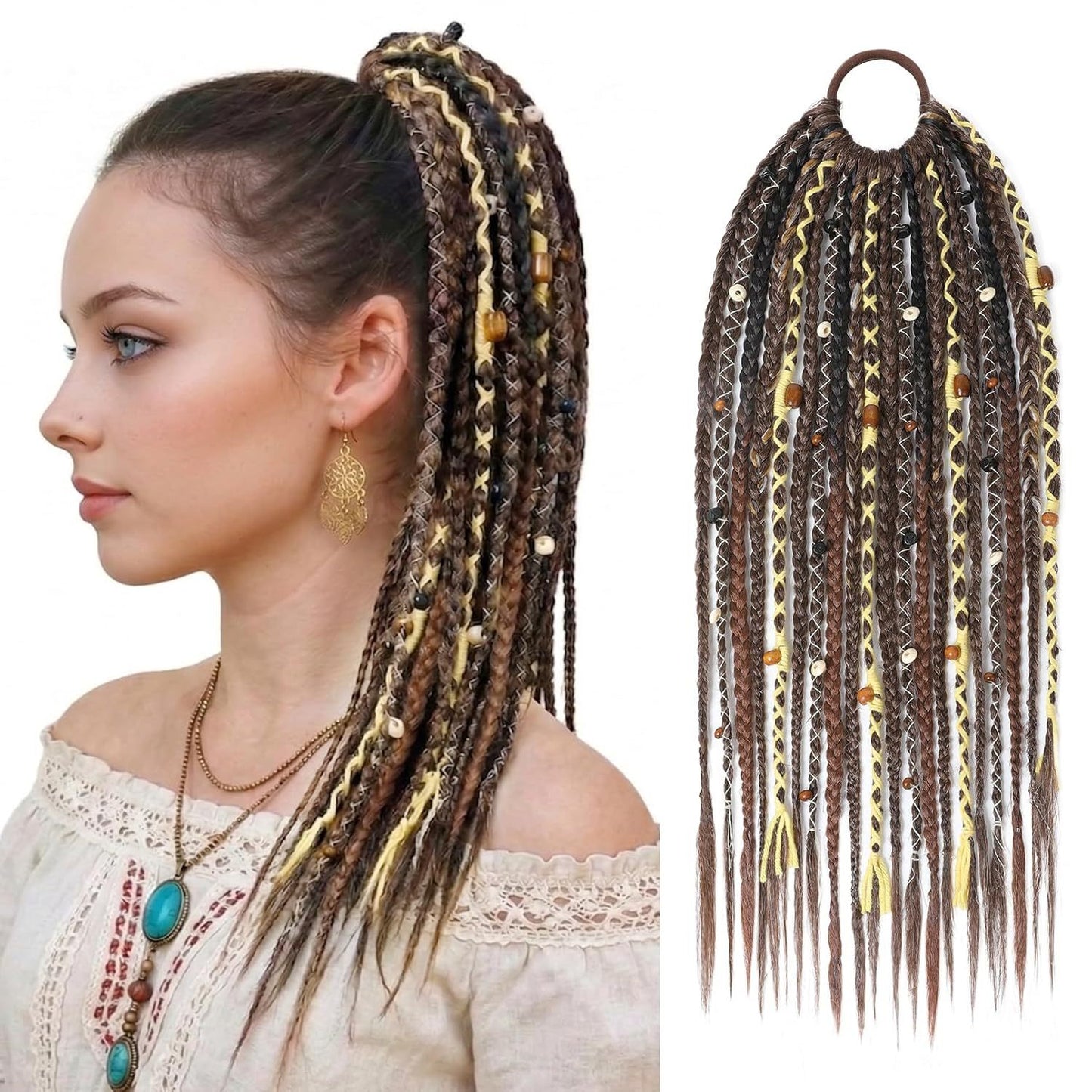 Bohemian Style Braided Braid Beads Pendant Hair Wig Ponytail