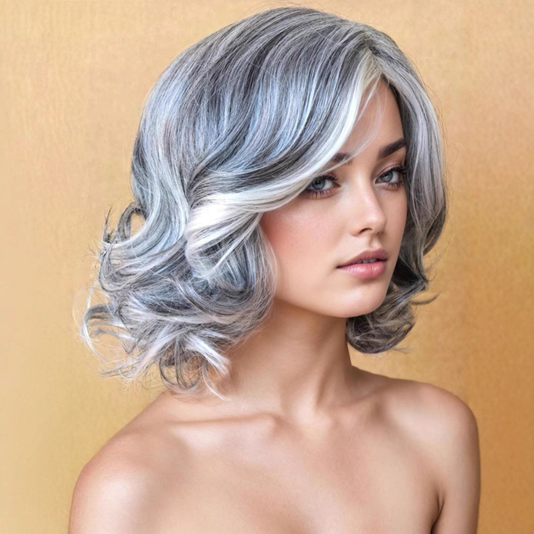 Women's Curly Gray White Short Hair Fluffy Partial Length Bangs Synthetic Wig Long Curls