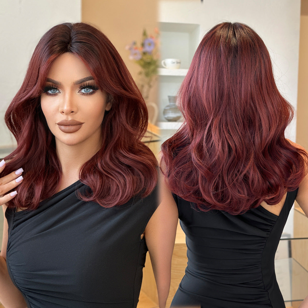 Women's Wine Red Natural Bangs High Quality Wig Short Curly Hair