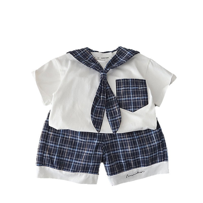 Children's Preppy Style Boys Plaid Short-sleeved Shorts Children's Suit
