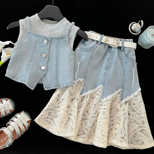Denim Skirt Summer Fashionable Lace Stitching Camisole Three-piece Children's Suit