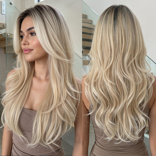Gradient Platinum Curly Bangs Fluffy Natural Fiber Wig Long Curls