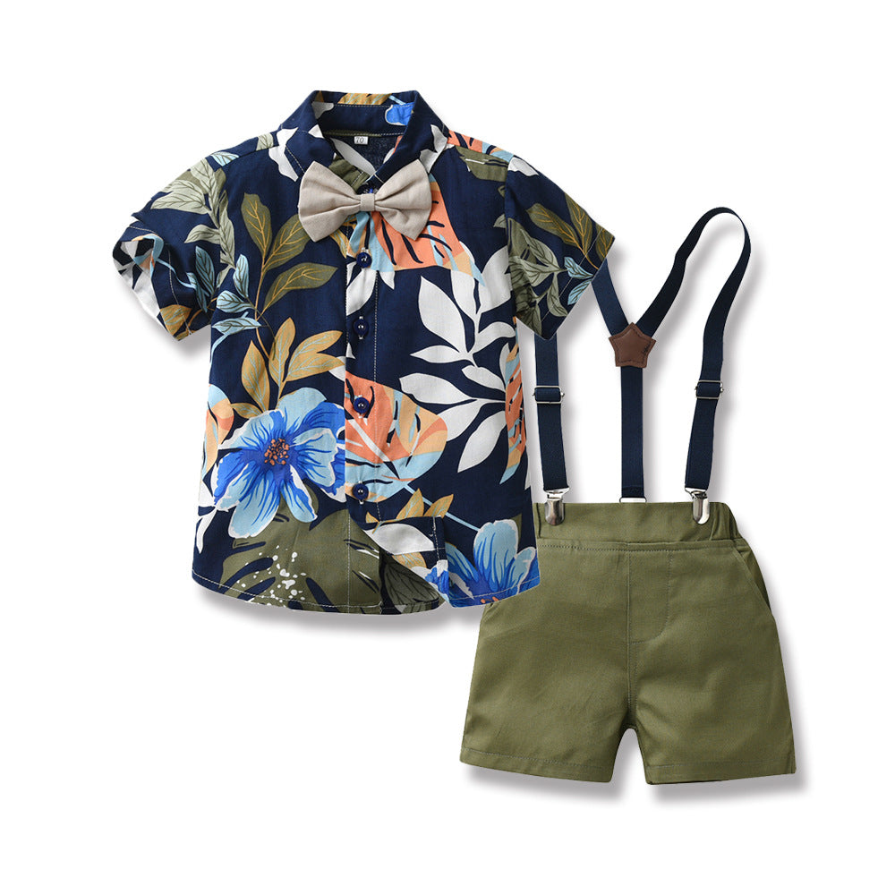 Children's Printed Short-sleeved Cardigan Fashion Strap Shorts Children's Suit