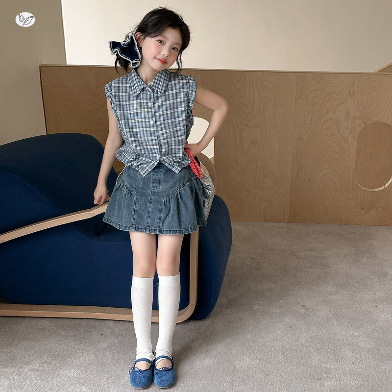 Summer Sleeveless Plaid Shirt Denim Skirt Children's Suit