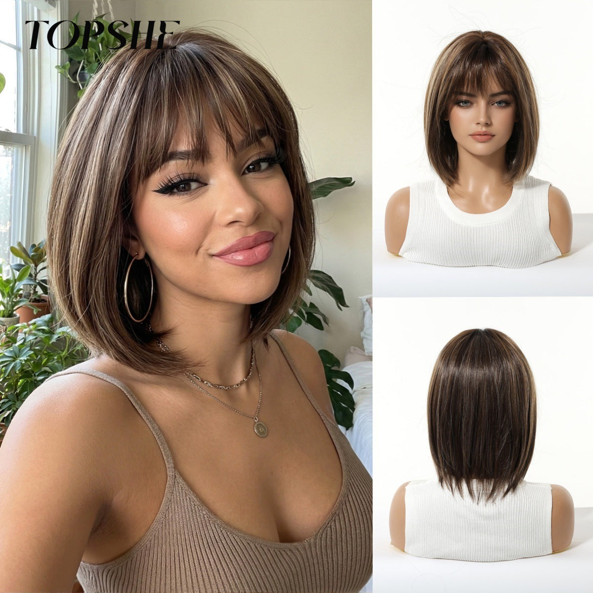 Gradient Brown Highlight Air Bangs Natural Wig Short Straight Hair