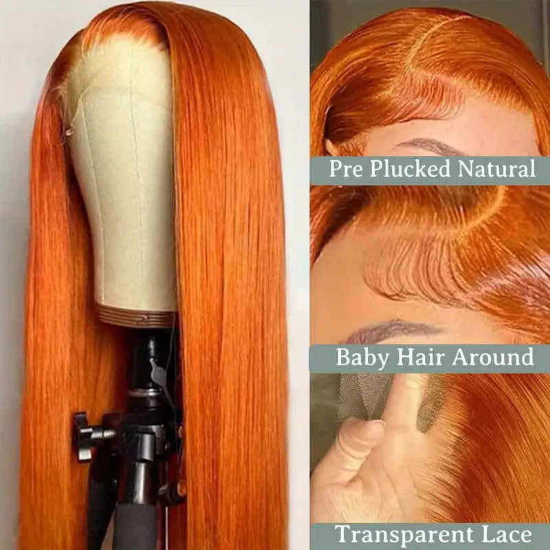 Women's Front Lace Medium Orange Hair Fluffy Natural Fashion Long Straight Wig