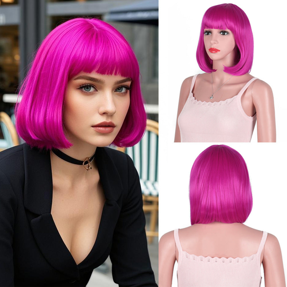 Women's Fashion Long Black Head Cover With Wig Short Straight Hair