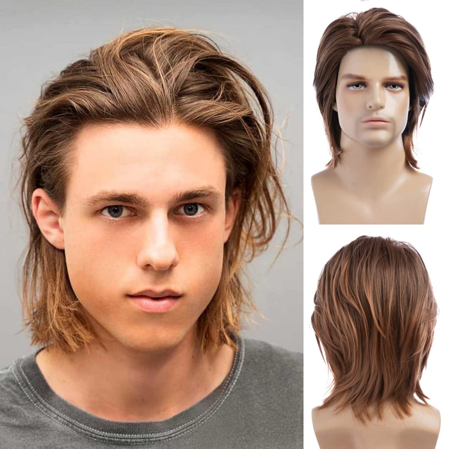 Men's Brown Fashion Medium Long Hair Synthetic Men's Wig