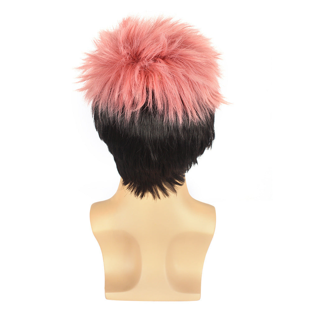 Back Battle Tiger Stick Pink Gradient Black Fluffy Cos Wig