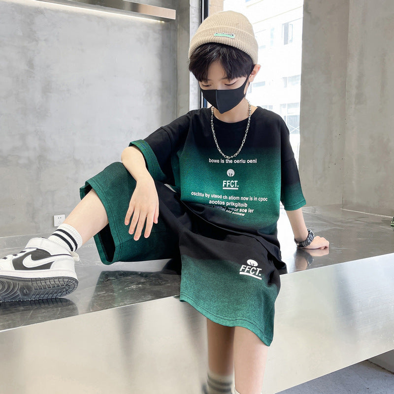 Children's T-shirt Shorts Trendy Fashion Handsome Fried Street Two-piece Middle Children's Suit