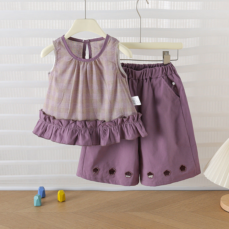 Women's Summer Plaid Leisure Forest Style Trendy Lace Wide Shoulder Set Children's Suit