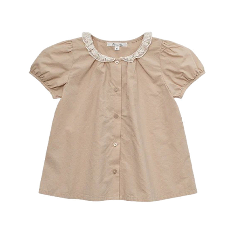 Cotton Pink Lace Peter Pan Collar Cute Doll Short Sleeve Children's Shirt
