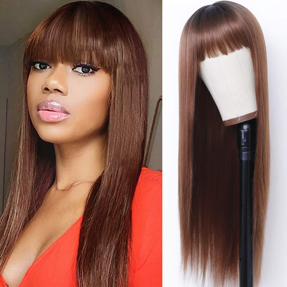 Head Cover Brown Straight Bangs Long Chemical Wig Short Curly Hair