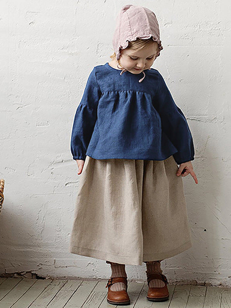 Comfortable Cotton Linen Blouse Mori Style Bow Bandage Long-sleeved Children's T-shirt
