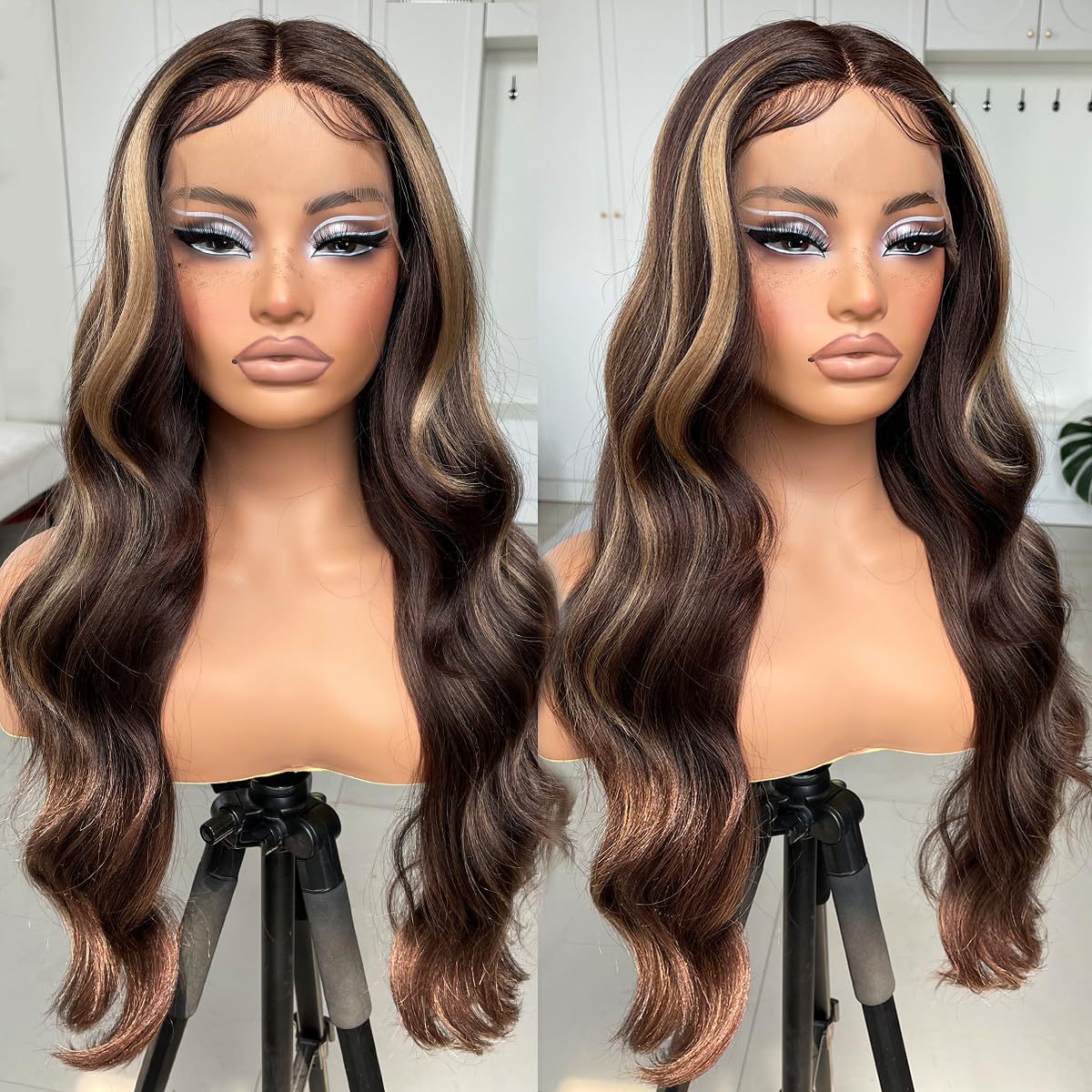 Women's Front Lace Synthetic Wigs Golden Medium Curly Hair Big Wave Wig Long Curls