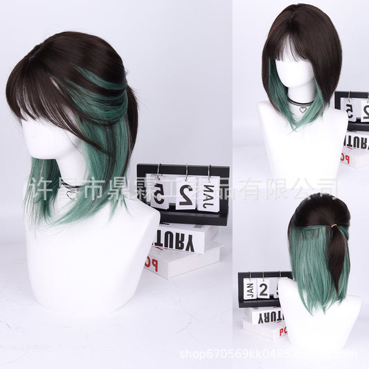 Women's Long-sleeved Bangs Brown Black Dyed Wig Short Straight Hair