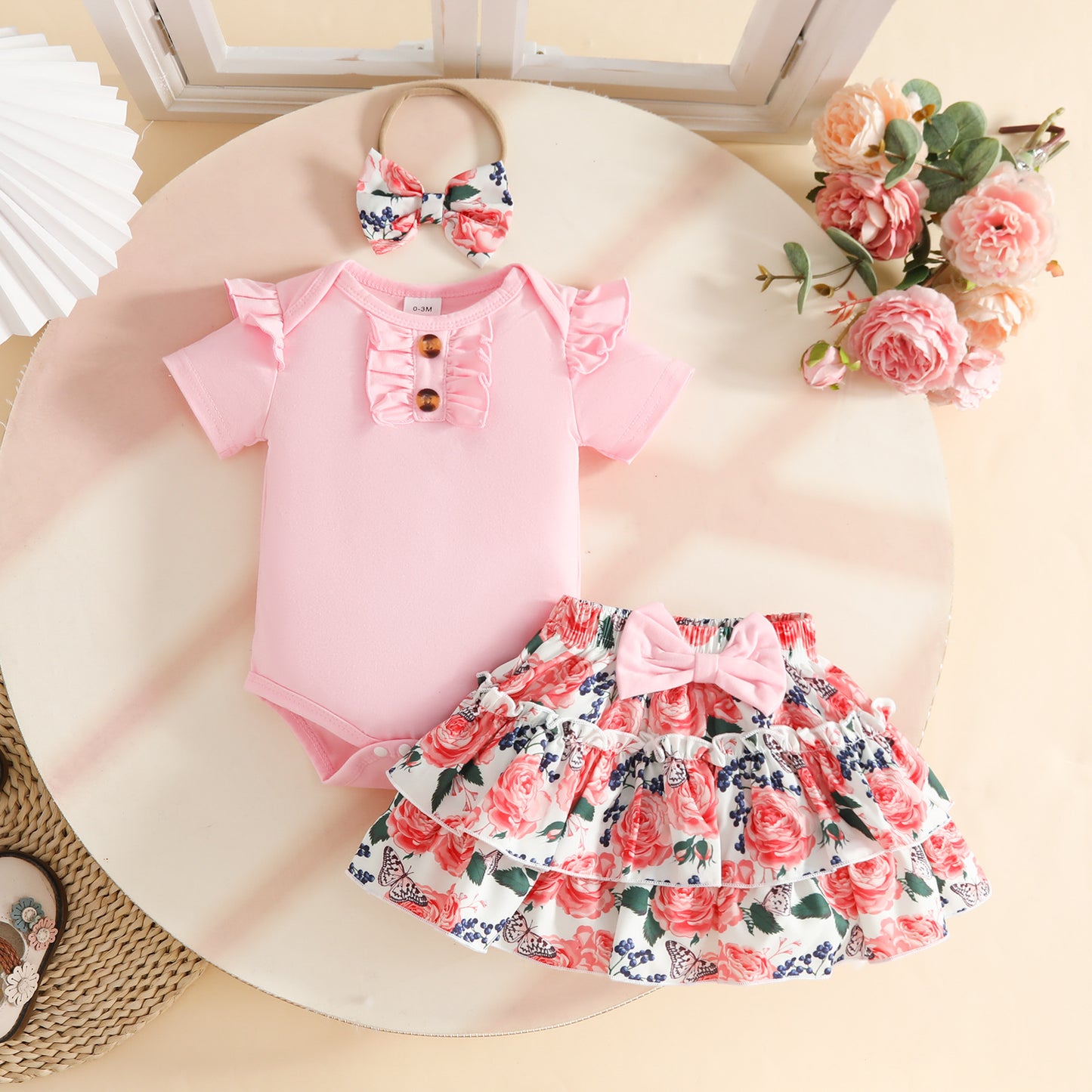 Floral Pattern Skirt Short Sleeve Top Double Layer Children's Suit
