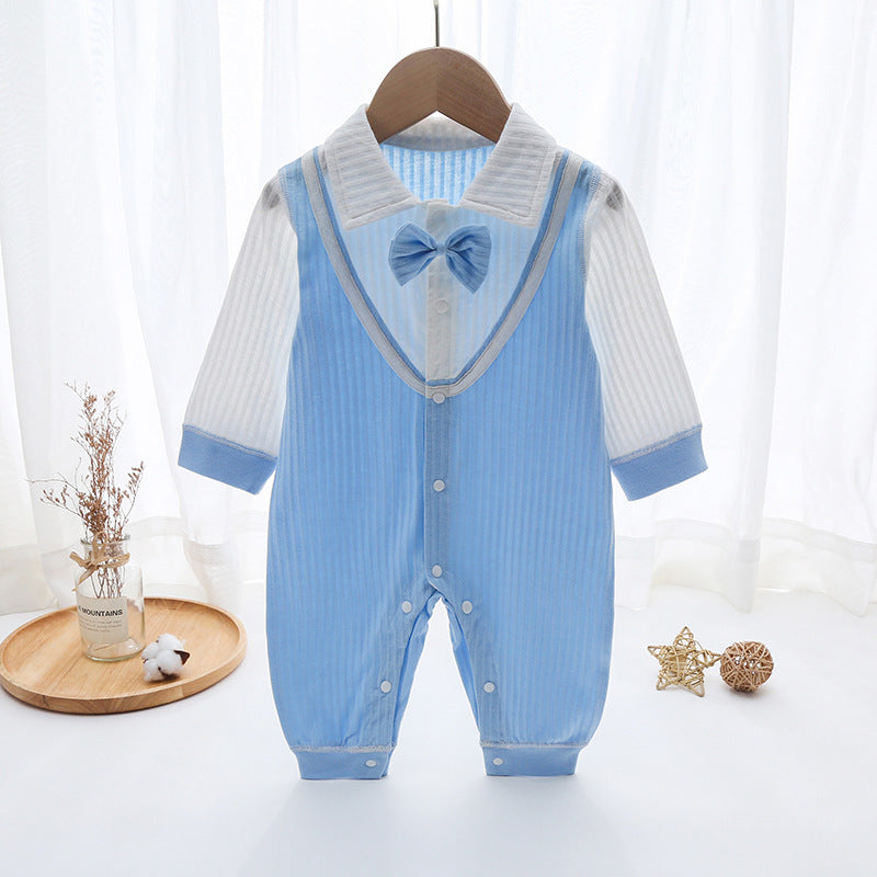 Blue Cotton Born Bow Snap Button Romper Jumpsuit, Climbing Suit