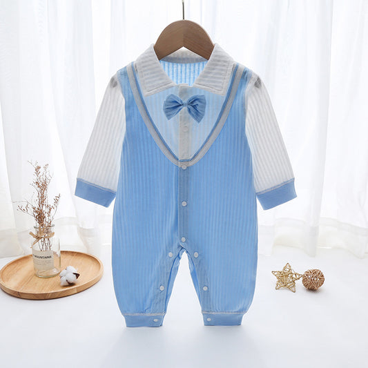 Blue Cotton Born Bow Snap Button Romper Jumpsuit, Climbing Suit
