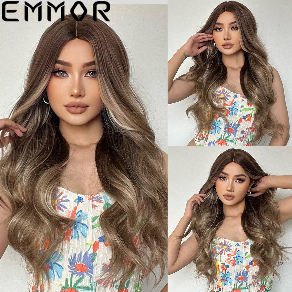 Points Highlight Gradient Gray Brown Curly Long Straight Wig