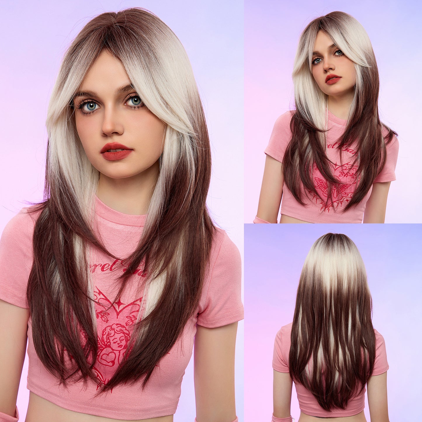 Punk Pink Gradient Dark Brown Fringe Straight Wig Long Curls