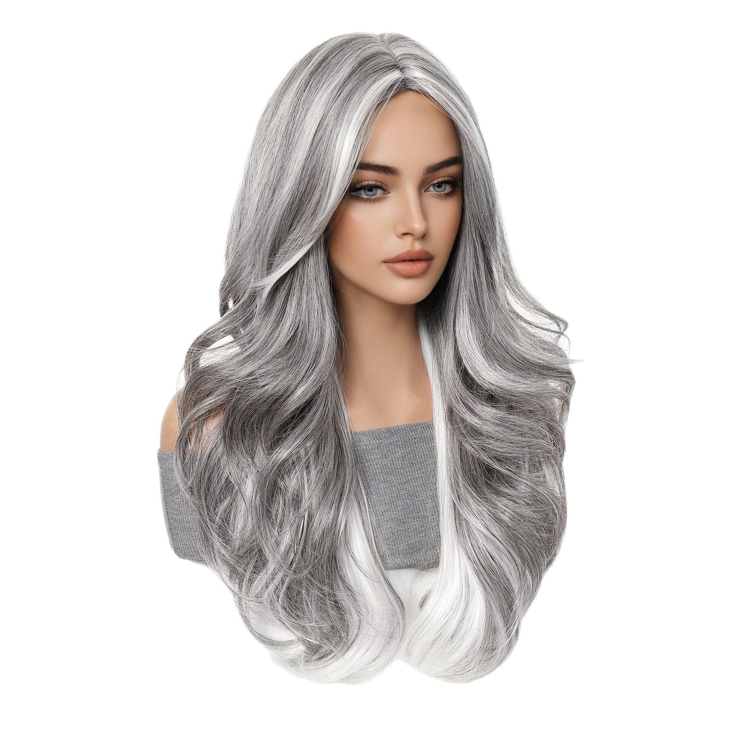 Cover Grandma Gray White Wavy Curly Hair Dress Wig Long Curls