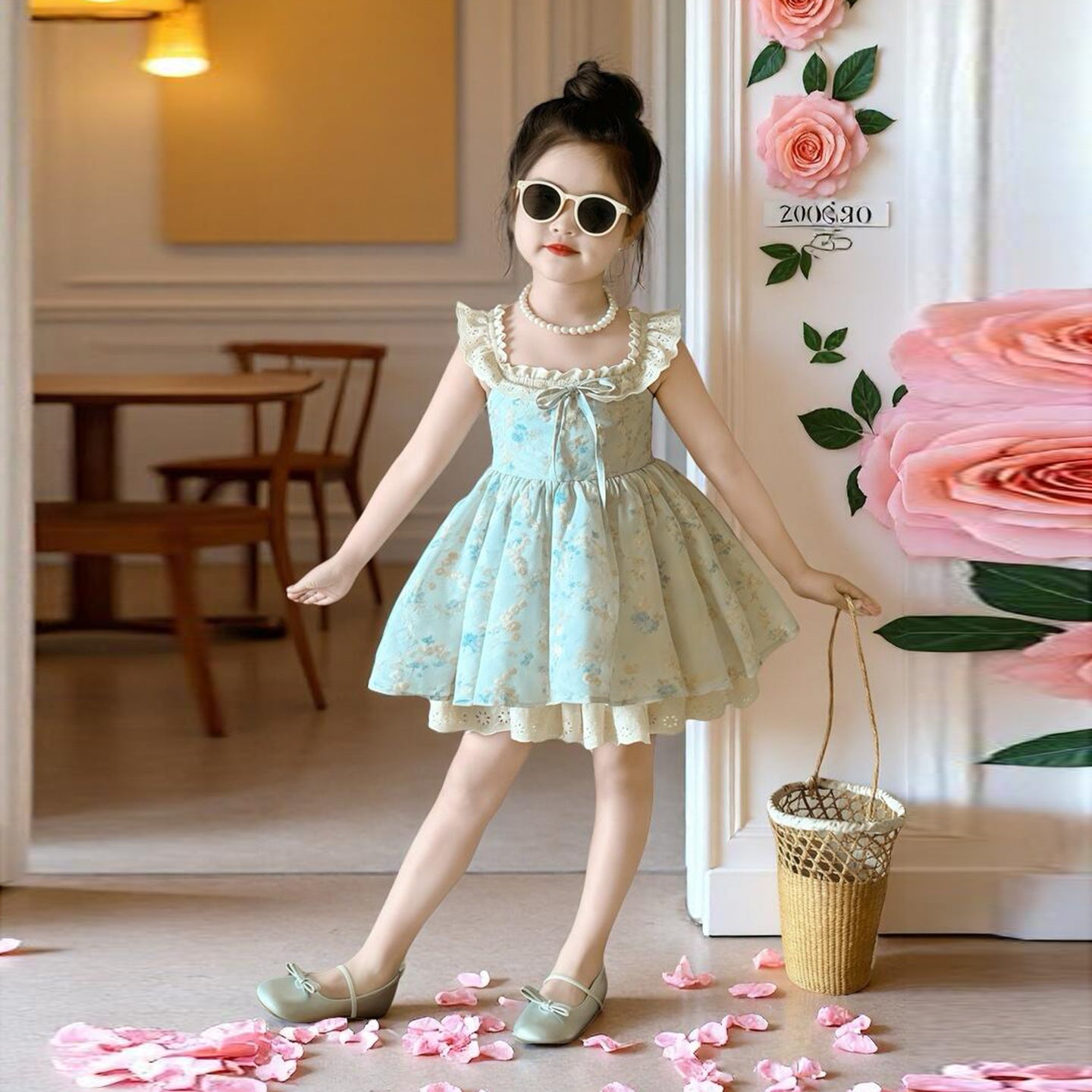 Hair Floral Flying Sleeve Summer Little Sweet Princess Korean Children's Dress