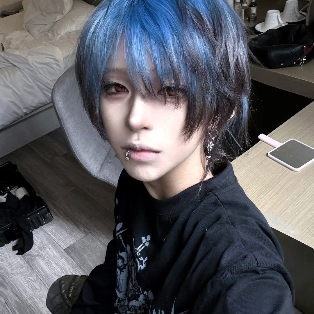 Black Blue Gradient Wolf Tail Short Hair Burst Top Dyed Men's Wig