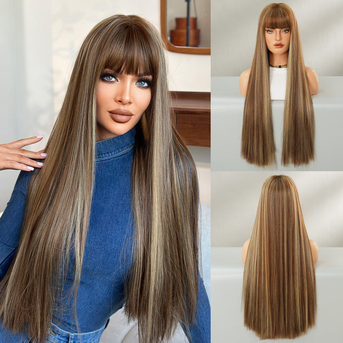 High Quality Super Hair Female Bangs Daily Black Long Straight Wig