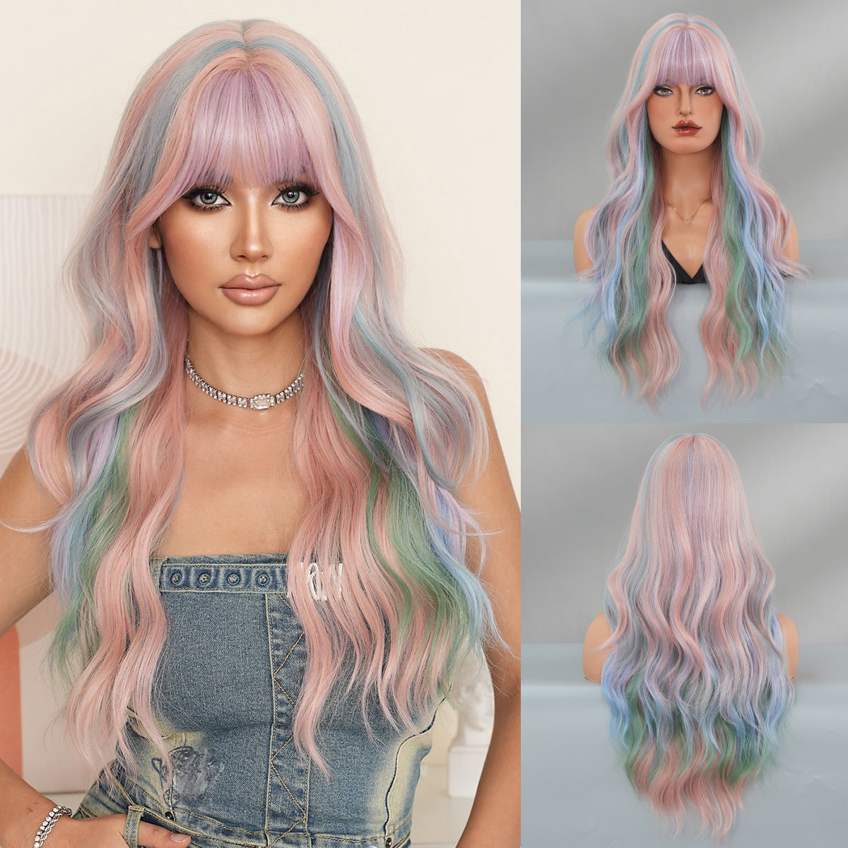 Women's Paris Painting Dyed Rainbow Curly Big Wig Long Curls