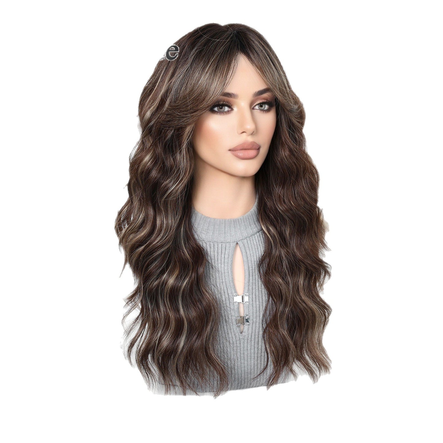 Brown Gradient Mid-length Bangs Mechanism Curly Hair Natural Wig Long Curls