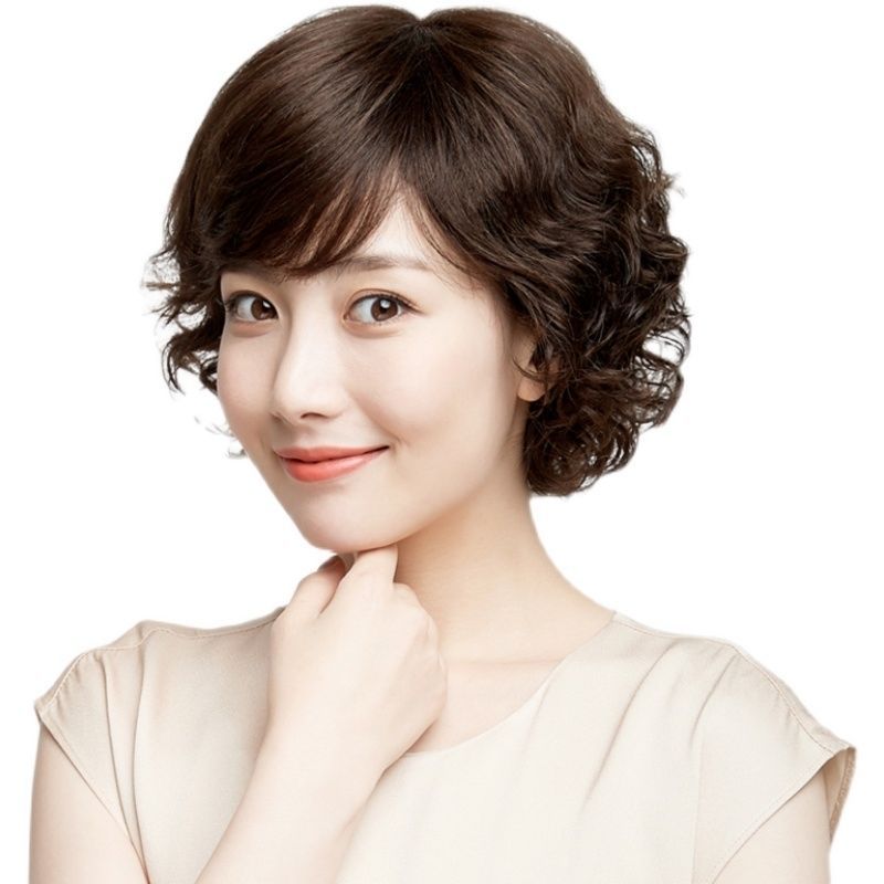 Female Short Full Human Mother Lady Real Hair Wig