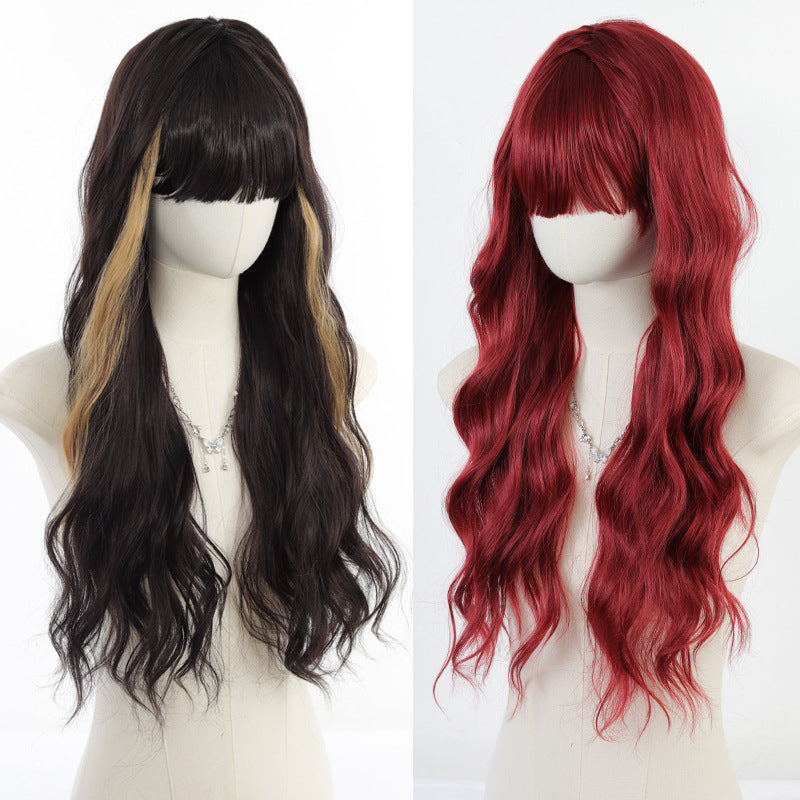 Natural Simulation Scalp Head Dyed Black Brown Hair Straight Bangs Wig Long Curls