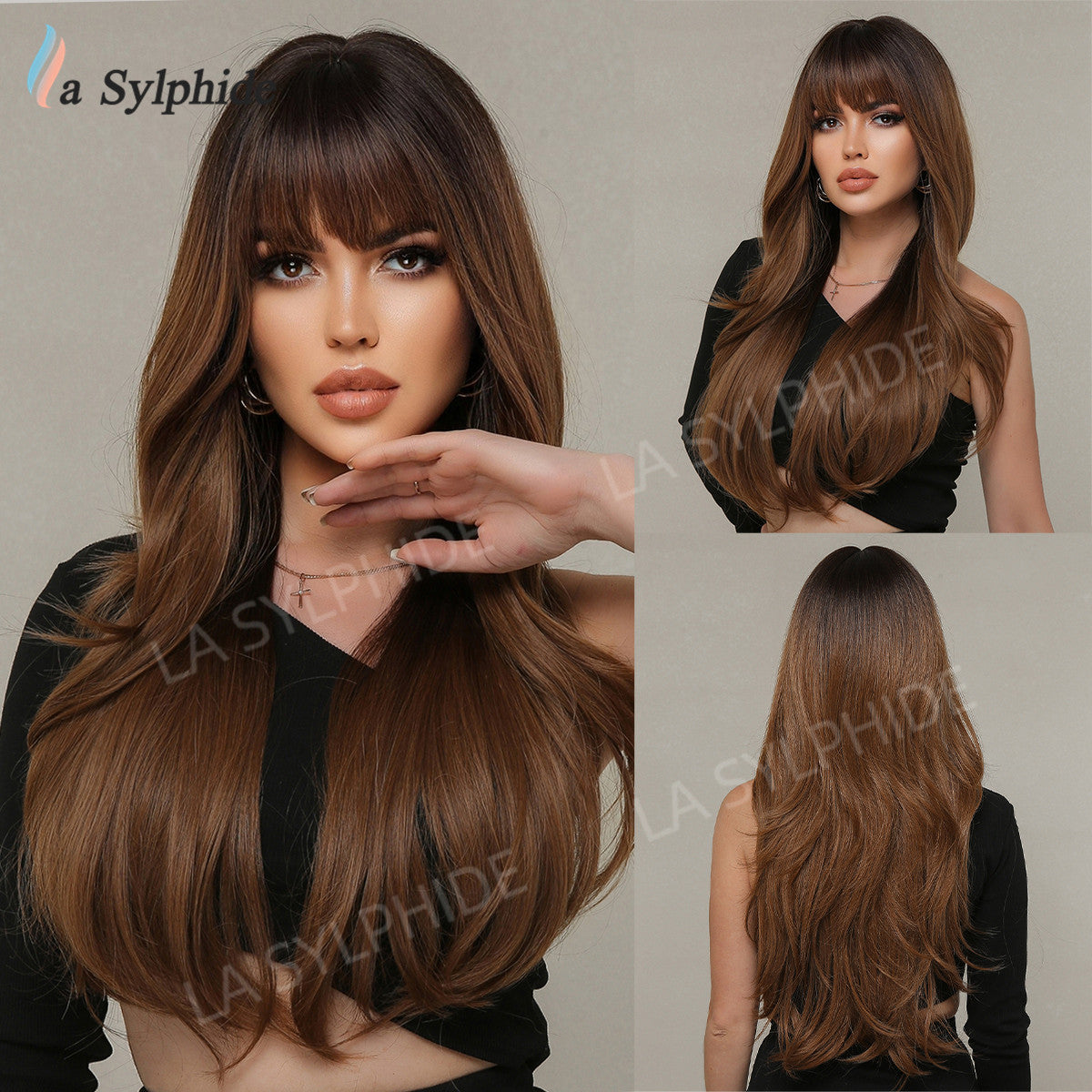 Curly Female Bangs Wine Red Brown Wig Long Curls