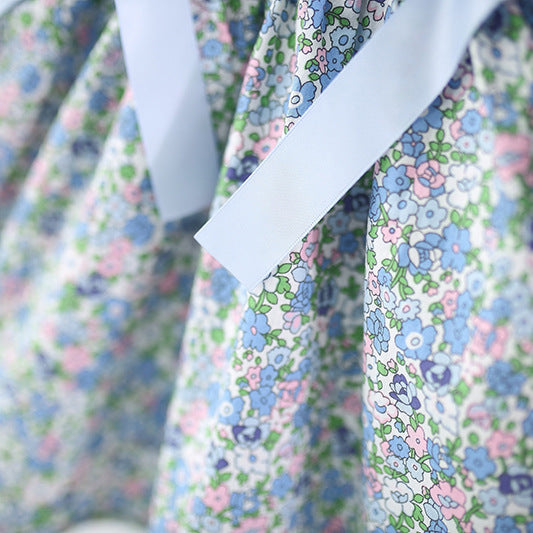 Waist Two Ribbon Knot Small Floral Skirt Full Of Cotton Children's Dress