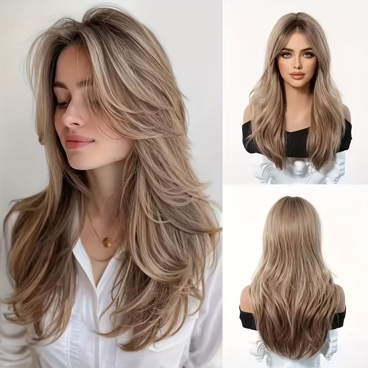 Women's Curly Hair Gray Brown Big Wave Layered Long Straight Wig